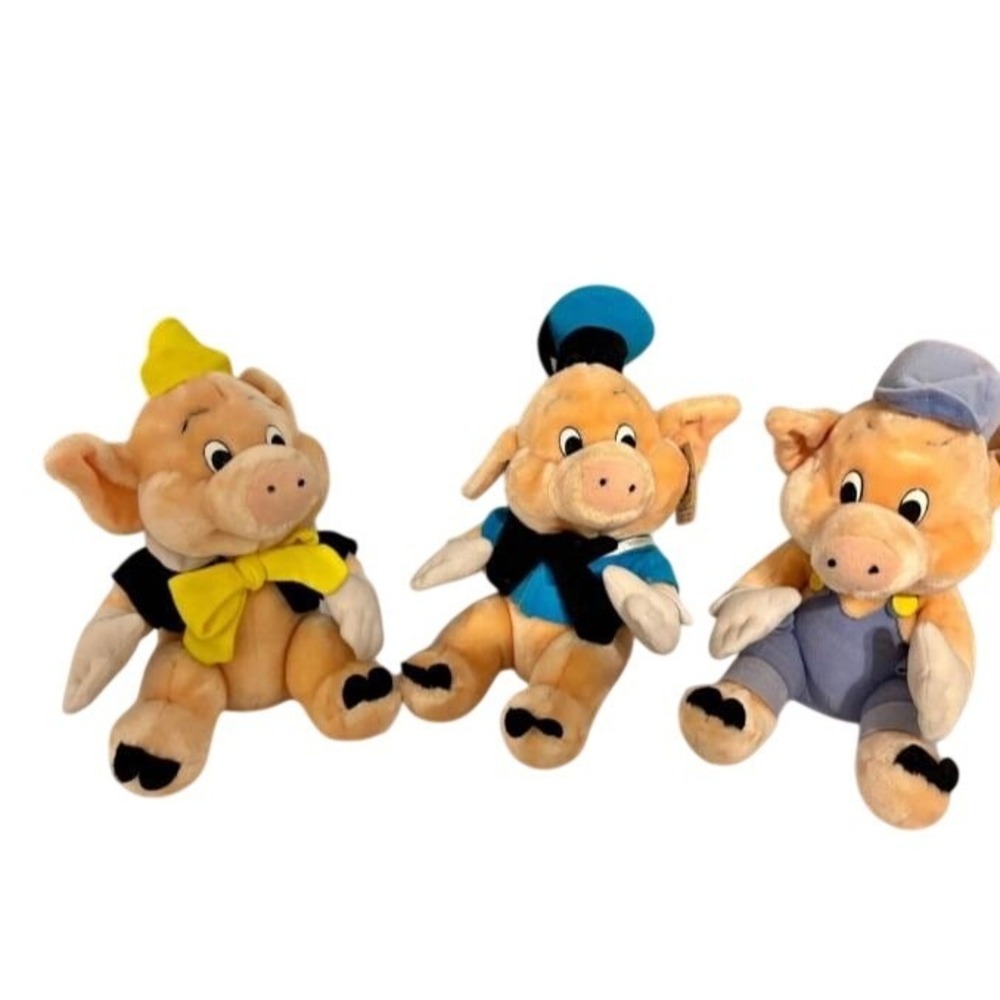 Vtg Disney Three Little Pigs Set Plush Disneyland WDW Tags Hong‎ Kong 1980s